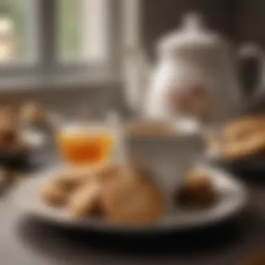 An elegant tea setting featuring ginger cookies and a steaming cup of tea