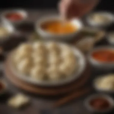 A vibrant setting showcasing dumplings served with traditional dipping sauces.