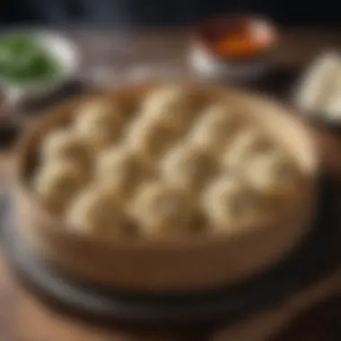 Steamed Perfection: Gluten-Free Dumplings A steaming basket filled with beautifully arranged gluten-free dumplings.