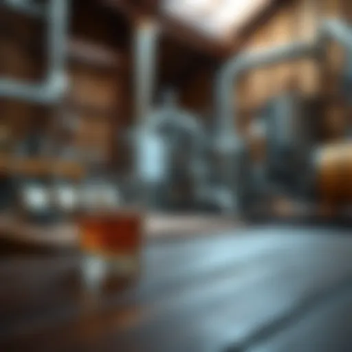 A glass of Tennessee whiskey on a wooden table with a backdrop of a distillery