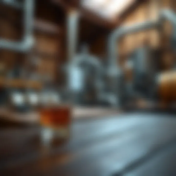 Tennessee Whiskey Glass Presentation A glass of Tennessee whiskey on a wooden table with a backdrop of a distillery