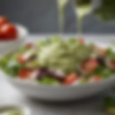 Close-up of Green Goddess Dressing drizzled over a colorful salad