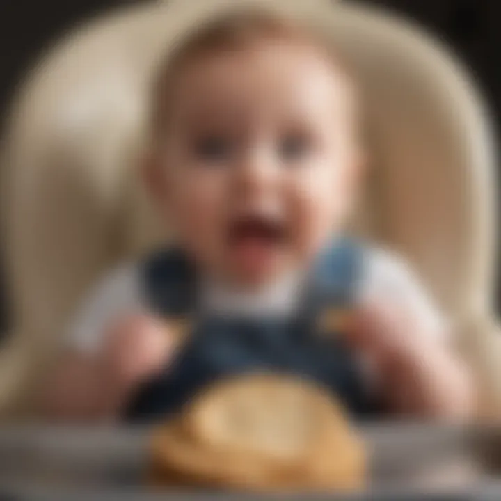 An infant enjoying a hard teething biscuit in a high chair.