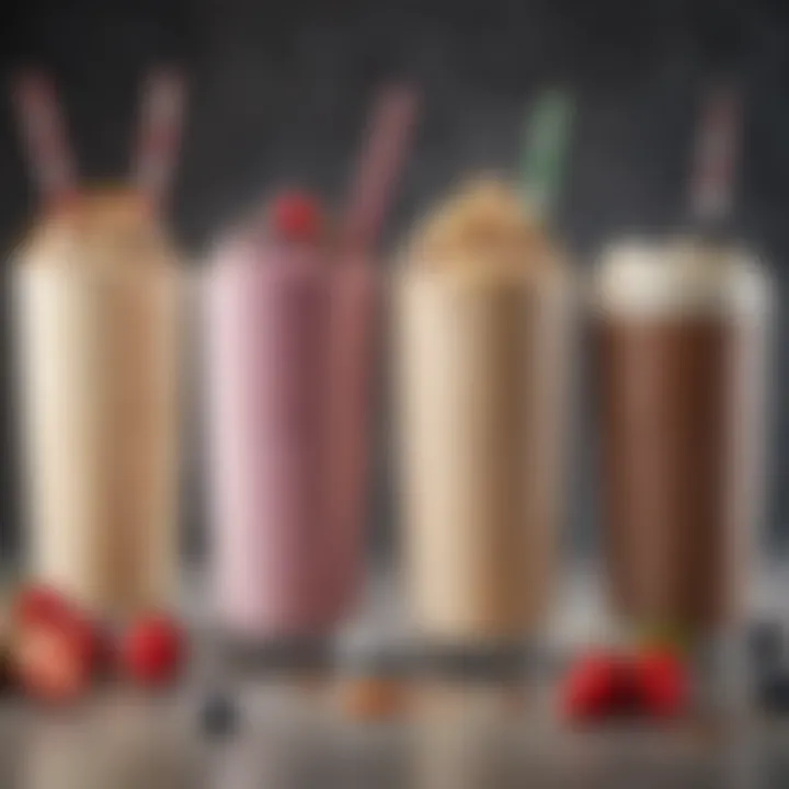 An array of protein milkshake variations showcasing diverse flavors