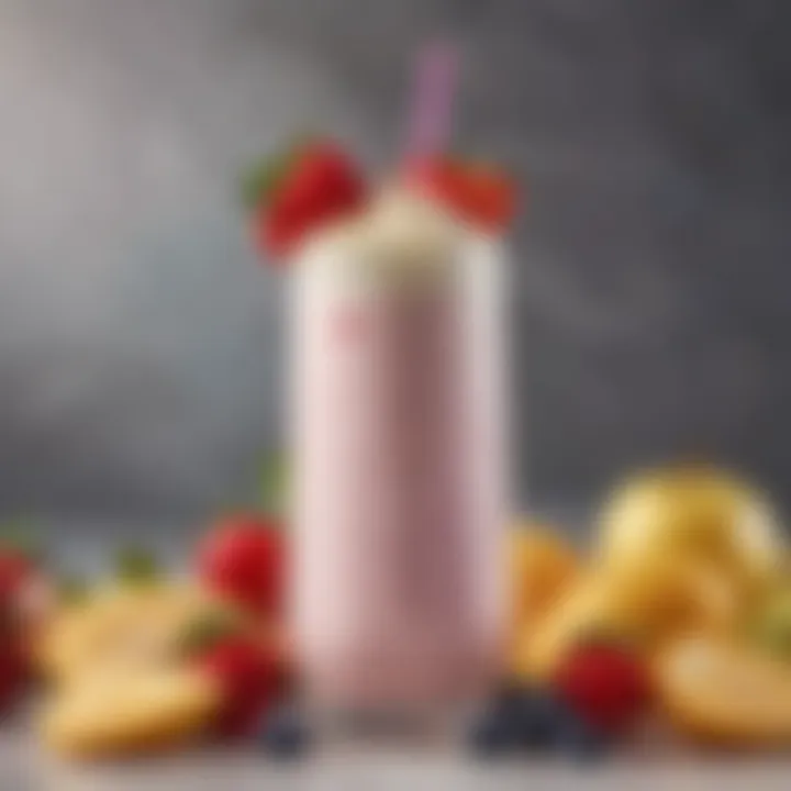 A refreshing protein milkshake adorned with fresh fruits