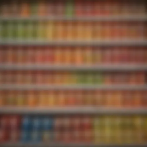 A colorful display of Heluva Good Dip varieties on a grocery store shelf.