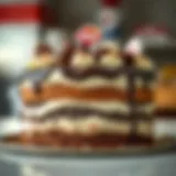 A beautifully crafted ice cream cake showcasing layers of chocolate and vanilla with decorative toppings