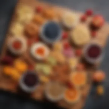 An artistic layout of assorted healthy snacks on a wooden board.