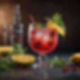 A vibrant cocktail garnished with fresh herbs and colorful fruits