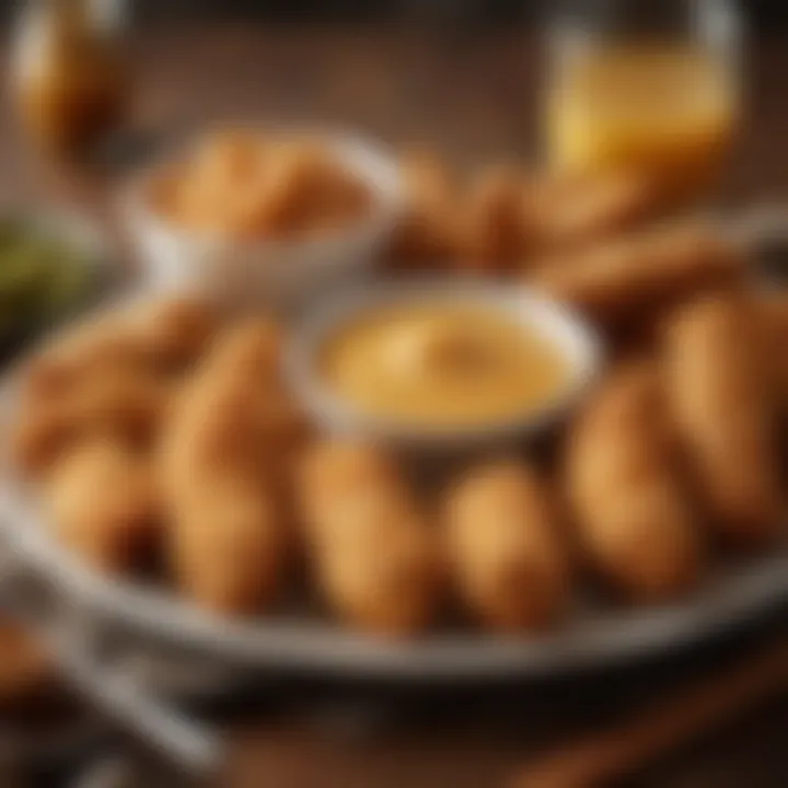 A platter of golden-brown Kentucky chicken tenders with dipping sauces