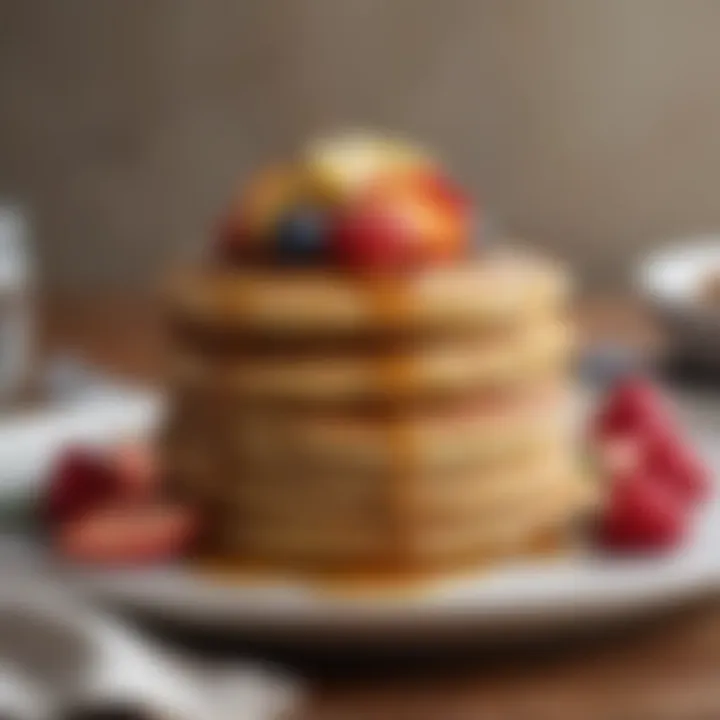 An elegant stack of golden-brown pancakes made using King Arthur GF Pancake Mix, topped with fresh fruits.