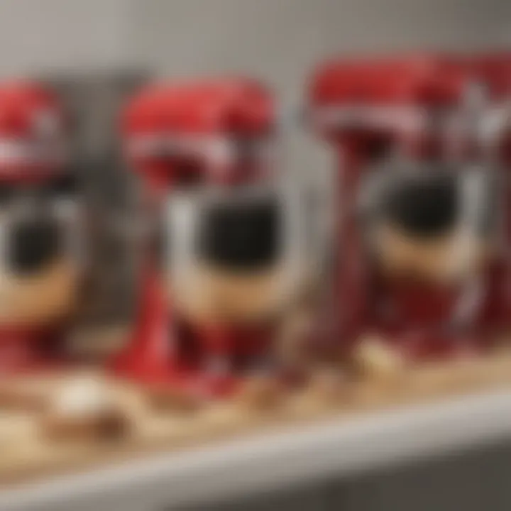 An array of KitchenAid mixers in different sizes lined up