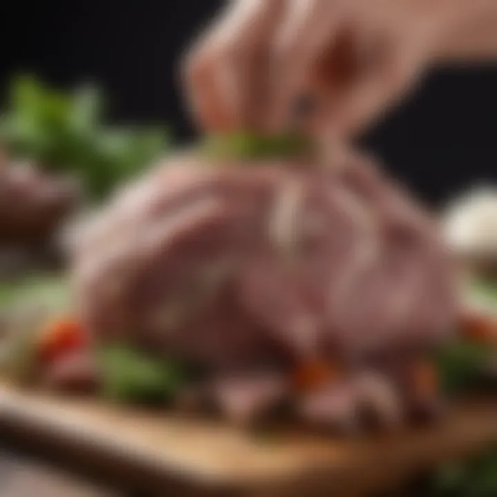 A close-up of lamb meal being garnished with herbs