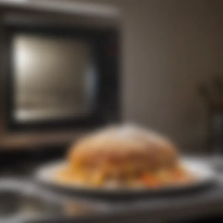 A close-up of a frozen meal being heated in a modern microwave.