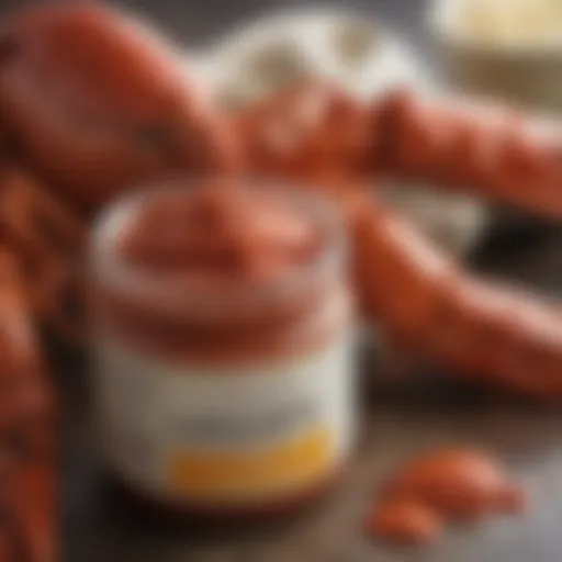 A jar of rich lobster paste highlighting its texture and color