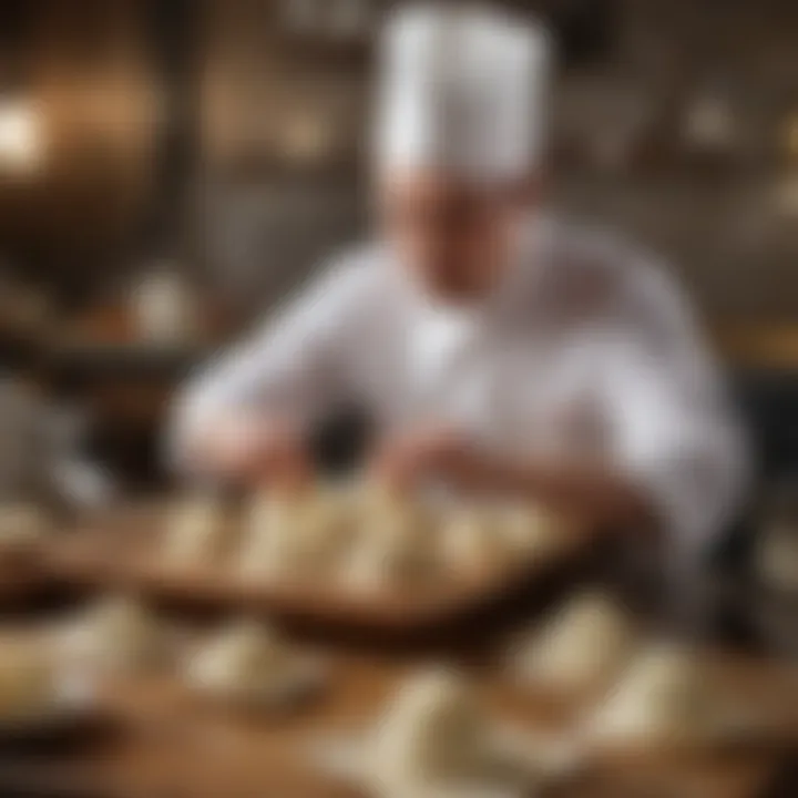 A chef skillfully showcasing the art of dumpling folding, emphasizing craftsmanship.