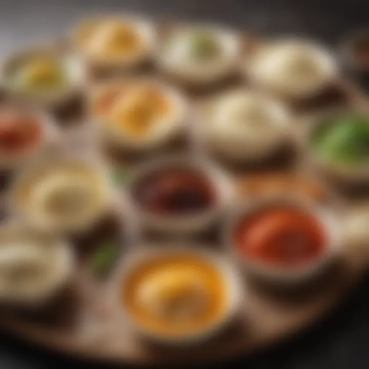 An array of colorful dipping sauces served alongside soup dumplings for enhanced flavor.