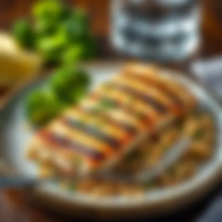 A beautifully plated dish of grilled fish with a side of steamed broccoli and quinoa