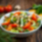 A vibrant salad featuring a variety of fresh vegetables, nuts, and a light dressing
