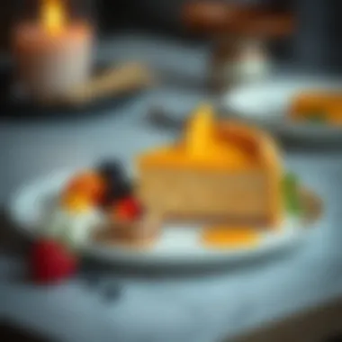A tastefully arranged plate featuring mango mousse cake with complementary desserts