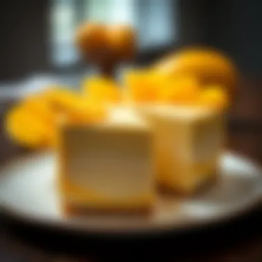 An inviting display of mango mousse cake garnished with fresh mango slices