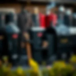 A variety of meat smokers displayed outdoors