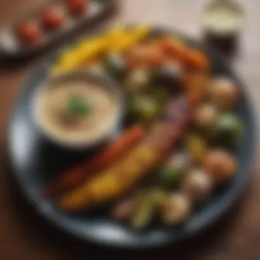 A beautifully plated dish showcasing grilled vegetables alongside a dip