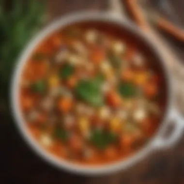 A close-up of a savory soup made with seasonal vegetables and herbs