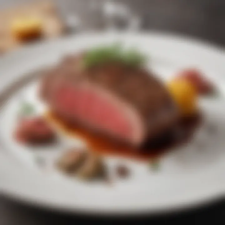 A beautifully plated New York beef loin steak with gourmet sides