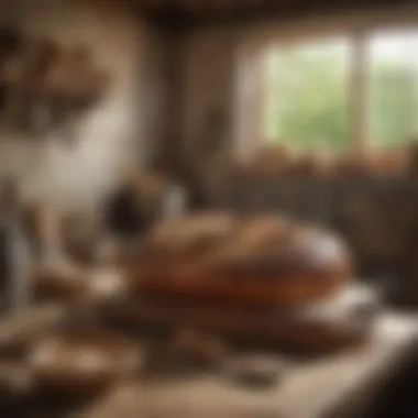 A rustic kitchen setting featuring a loaf of bread alongside traditional baking tools.