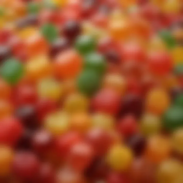 Close-up of colorful fruit-flavored gummies made without nuts or eggs.