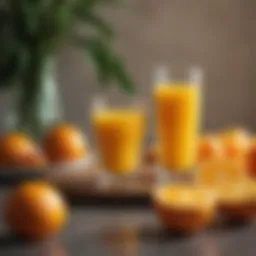 A glass of refreshing reduced sugar orange juice with fresh oranges in the background