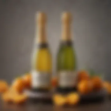 Artistic arrangement of champagne bottles and oranges