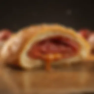 Golden Crust of a Pepperoni Pocket A close-up view of the golden crust of a perfectly baked pepperoni pocket