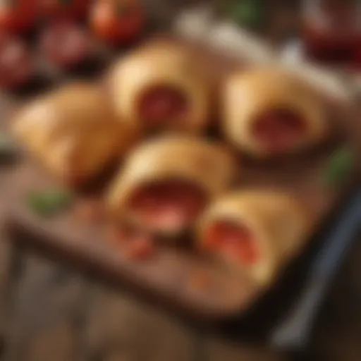 A tantalizing arrangement of pepperoni pockets on a rustic wooden table
