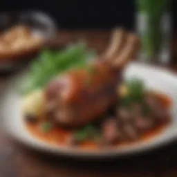 A beautifully plated Persian lamb shank garnished with fresh herbs and spices.