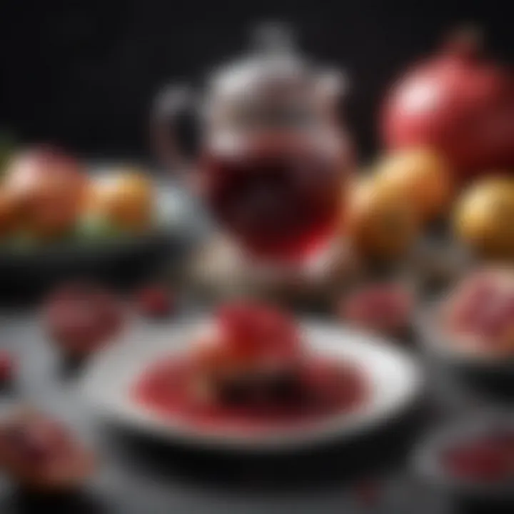 A beautifully arranged display of culinary dishes featuring pomegranate black tea