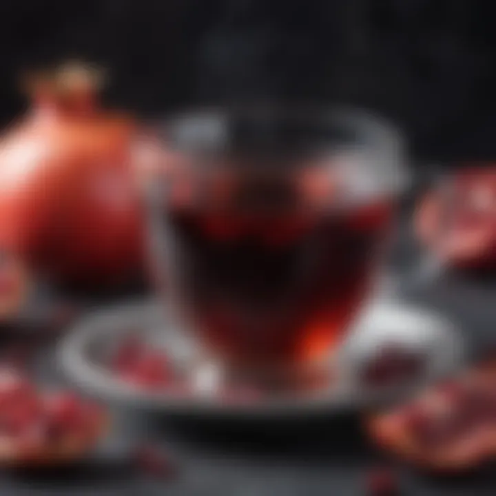 A steaming cup of black tea garnished with pomegranate seeds