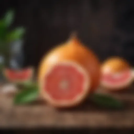 A vibrant pomelo fruit displayed on a rustic wooden table