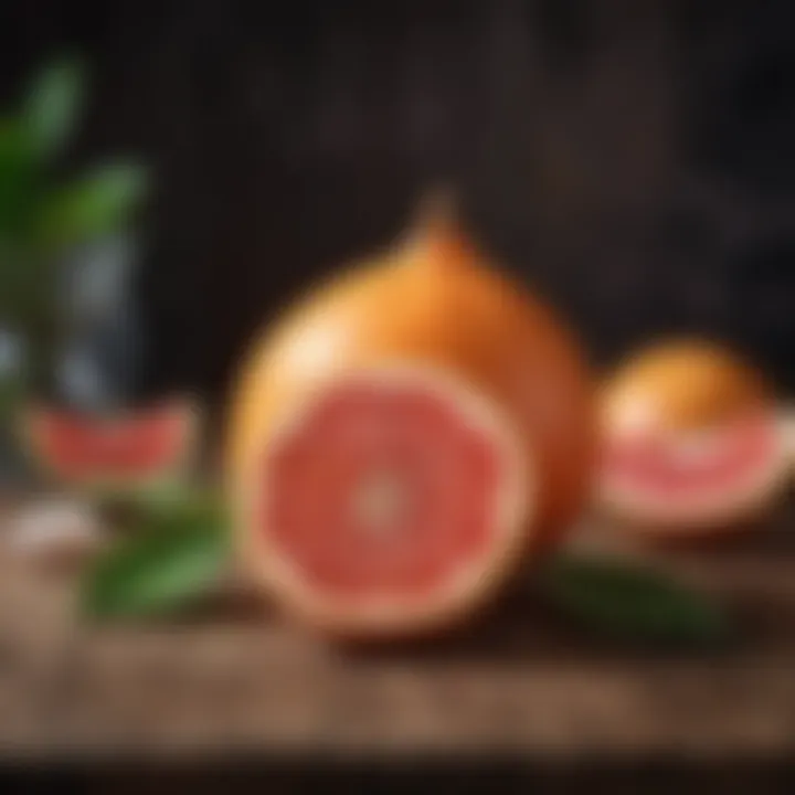 A vibrant pomelo fruit displayed on a rustic wooden table