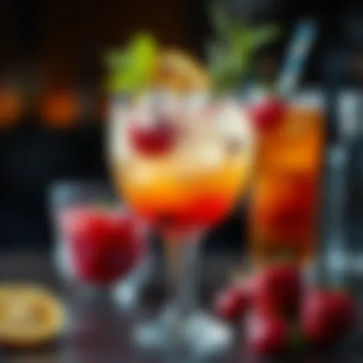 A vibrant cocktail glass adorned with fresh fruits and herbs