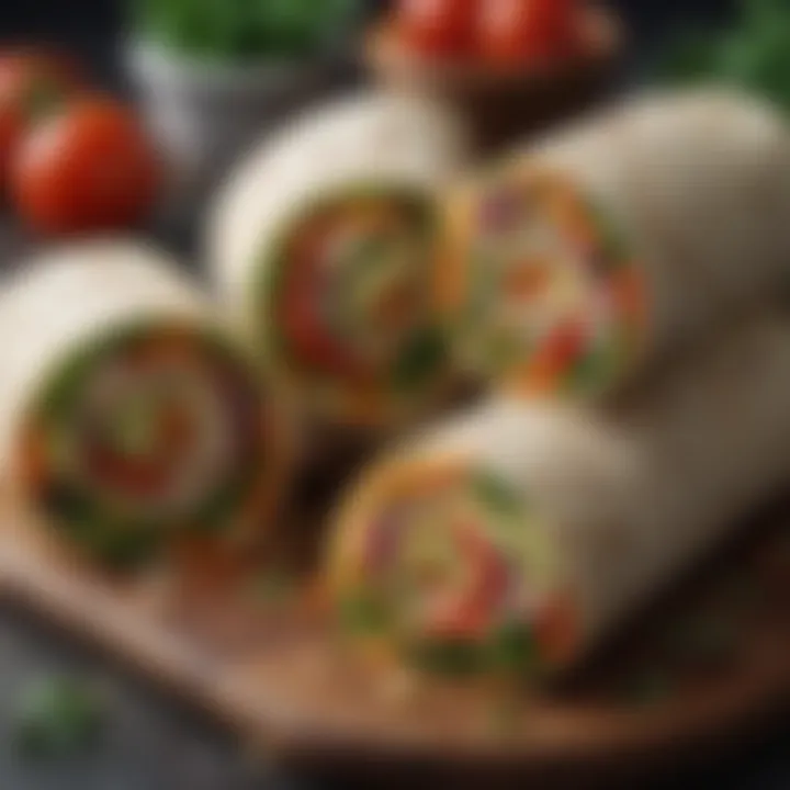 An elegant display of freshly prepared vegetarian wraps filled with colorful vegetables and herbs