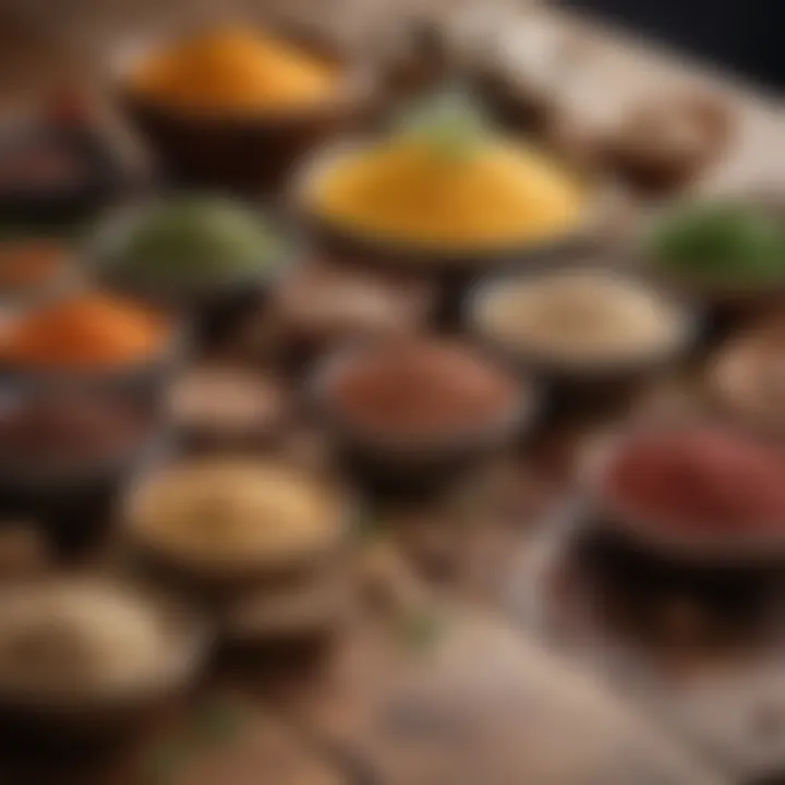 An assortment of wholesome vegetarian ingredients including grains, legumes, and spices on a wooden table