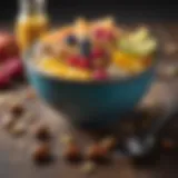 Colorful raw breakfast bowl with fruits and nuts