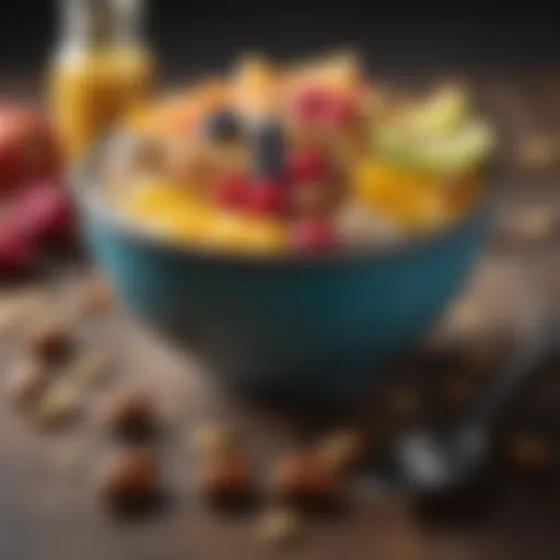 Colorful raw breakfast bowl with fruits and nuts