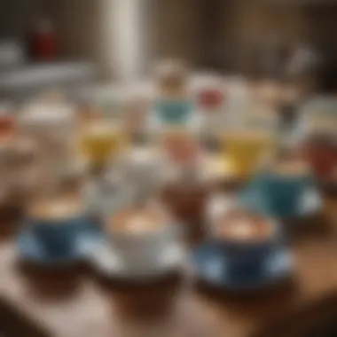 Diverse Collection of Ree Drummond Coffee Cups A collection of various Ree Drummond coffee cups displayed on a rustic kitchen table