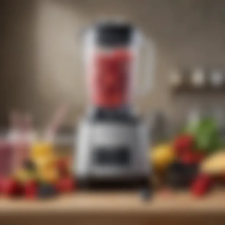 A high-powered blender surrounded by fresh ingredients