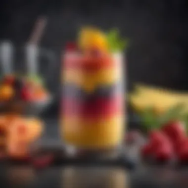 A colorful smoothie in a glass adorned with fruit garnishes