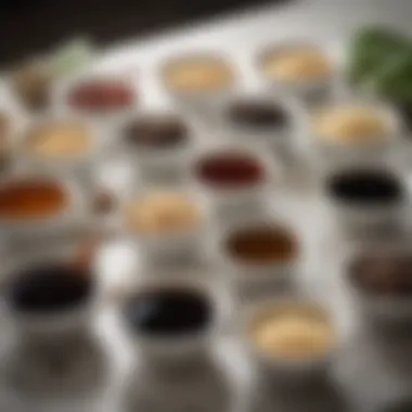 Variety of Soy Sauce Alternatives A close-up of various soy sauce alternatives in small bowls on a kitchen countertop.