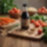 A bottle of soy free soy sauce on a wooden table surrounded by fresh vegetables.